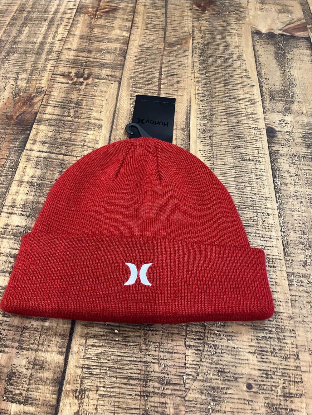 Hurley Red Fold-Over Knit Beanie with White Logo